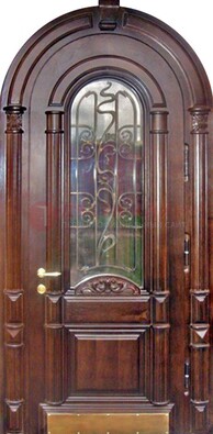 Арочная металлическая дверь массив со стеклом и ковкой ДА-50 в Щелково
