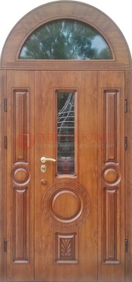 Двустворчатая железная дверь МДФ со стеклом в форме арки ДА-52 в Щелково
