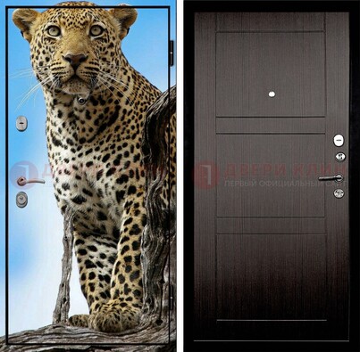 Железная дверь с рисунком гепарда снаружи ДФ-27 в Щелково