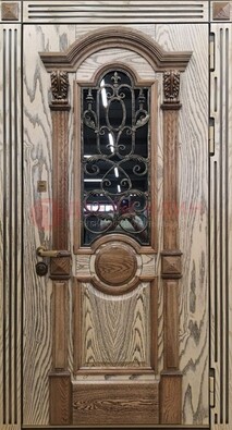 Железная дверь с массивом дуба со стеклом и ковкой ДМД-47 в Щелково