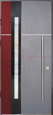 Серая входная дверь с порошковым окрасом и красной вставкой ДП-175 в Пушкино
