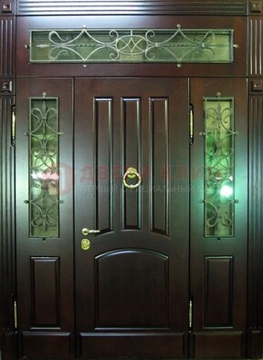 Стальная парадная дверь со стеклом и ковкой ДПР-18 для деревянного дома в Щелково