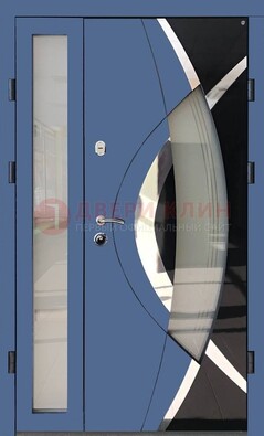 Синяя металлическая дверь со стеклом и узором ДС-13 в Щелково