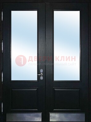 Черная двухстворчатая металлическая дверь со стеклом ДС-25 в Щелково