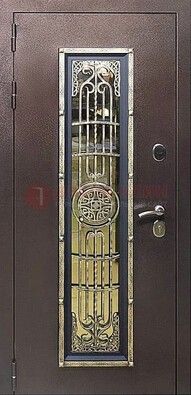 Железная дверь цвета медный антик со стеклом и ковкой ДСК-105 в Щелково