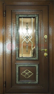 Теплая входная дверь со стеклом и ковкой разноцветной ДСК-13 в Щелково