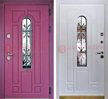 Розовая металлическая дверь со стеклом и ковкой ДСК-151 в Щелково