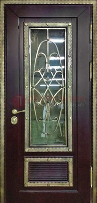 Темная уличная дверь порошок со стеклом и ковкой ДСК-167 в Щелково