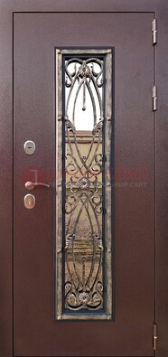 Коричневая стальная дверь порошок со стеклом и ковкой для дома ДСК-169 в Щелково