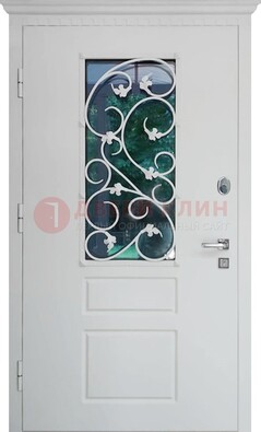 Белая металлическая дверь винорит со стеклом и ковкой ДСК-184 в Щелково