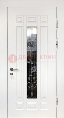 Белая стальная дверь винорит со стеклом и ковкой ДСК-191 в Щелково