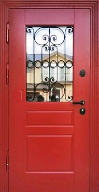 Красная железная дверь Винорит со стеклом и ковкой ДСК-205 в Щелково