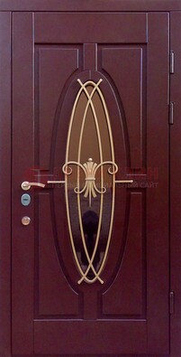 Бордовая стальная дверь Винорит со стеклом и ковкой ДСК-263 в Щелково