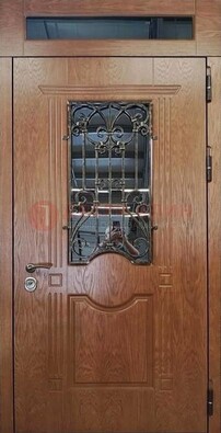Металлическая входная дверь со стеклом и ковкой для дома ДСК-96 в Щелково