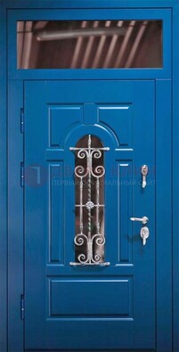 Синяя железная филенчатая дверь со стеклом и ковкой ДСК-97 в Щелково
