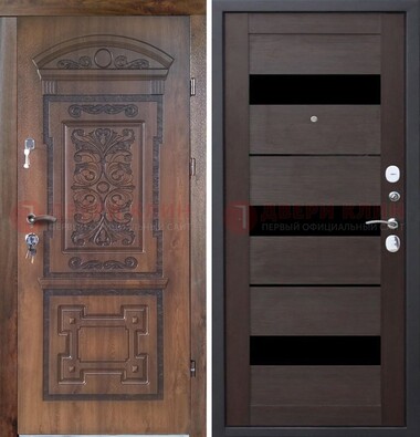 Стальная коричневая филенчатая дверь с виноритом и темной МДФ ДВТ-122 в Щелково