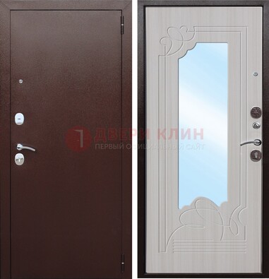 Коричневая металлическая дверь с зеркалом МДФ внутри ДЗ-33 в Щелково