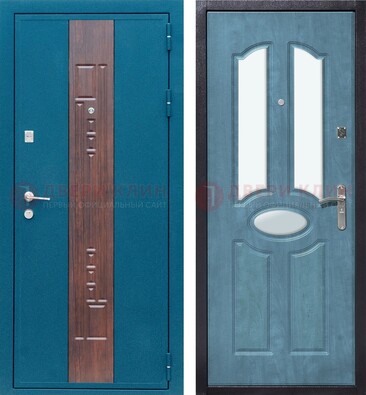 Голубая металлическая дверь МДФ с тремя зеркальными вставками ДЗ-78 в Щелково