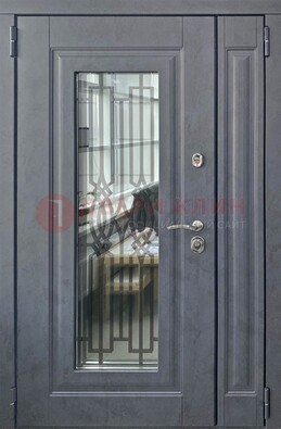 Серая стальная дверь Винорит со стеклом и ковкой ПЛ-29 в Щелково
