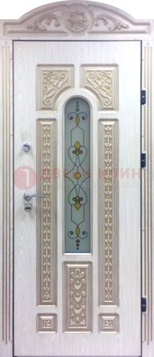 Белая железная дверь с МДФ и витражом ВЖ-26 в Щелково