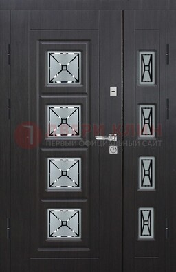 Чёрная двухстворчатая железная дверь с МДФ и витражом ВЖ-35 в Щелково