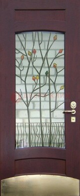Бордовая стальная дверь с витражом и декоративным элементом ВЖ-3 в Щелково